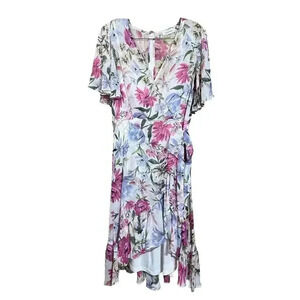 Calvin Klein Pink Blue Floral Sheer Faux Wrap High-Low Midi Dress Sz 6